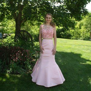 Sherri Hill Long Evening 2-Piece Blush Gown with Hi-Lo Slit Skirt #51861 Size 4